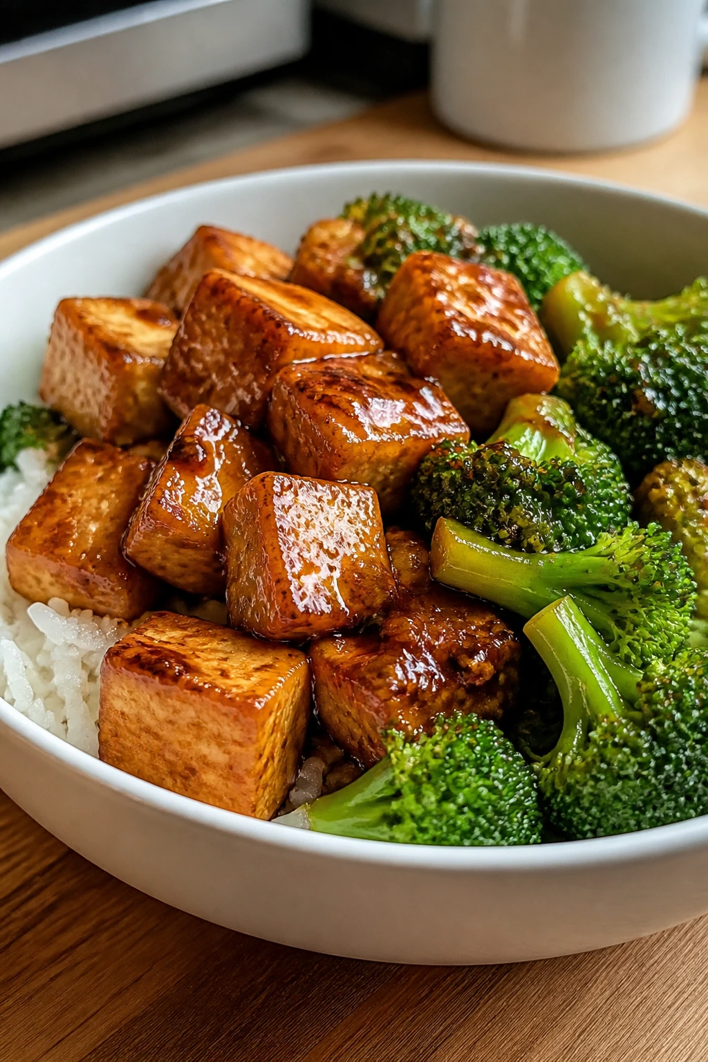 Glossy honey garlic tofu over rice with broccoli in a white bowl.