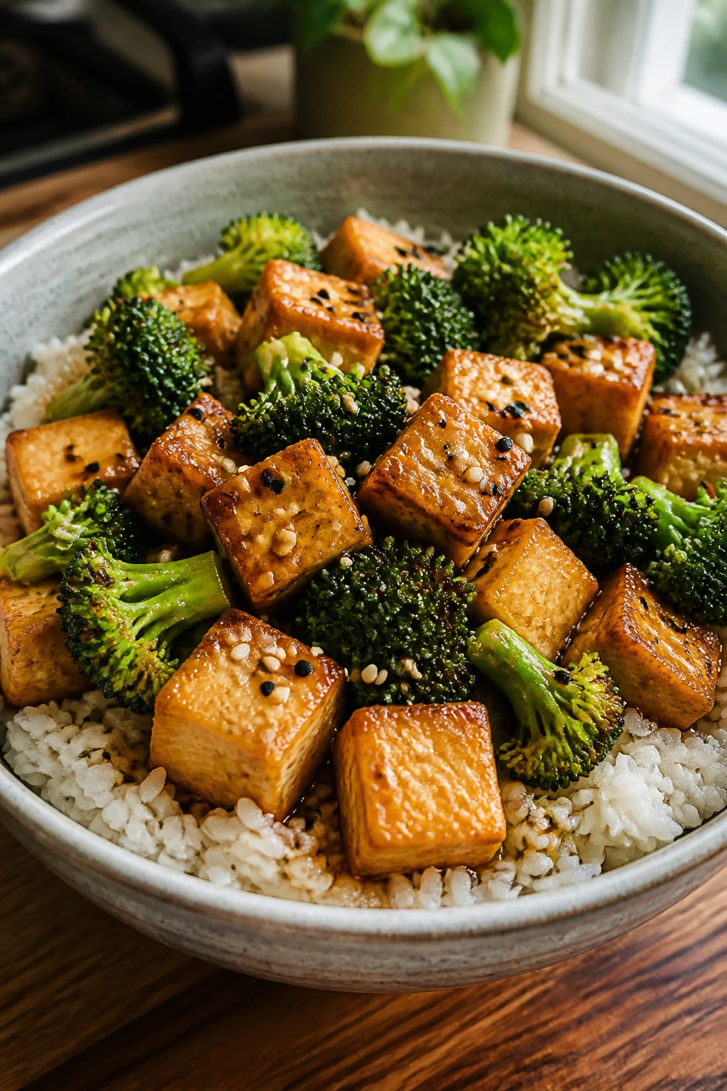 Close-up of sesame tofu and broccoli bowls with rice in a cozy kitchen