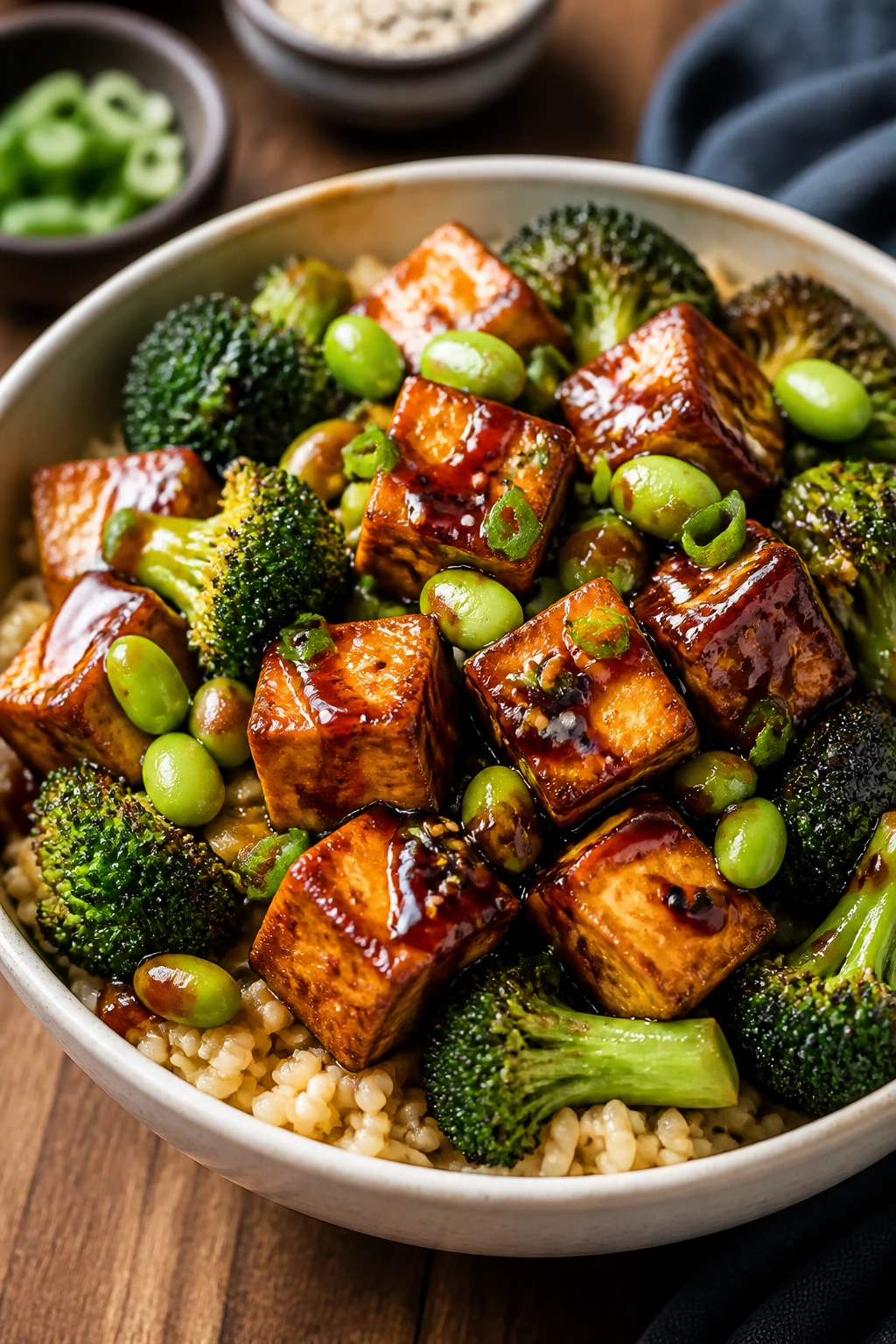 Close-up of teriyaki tofu broccoli bowls in a ceramic bowl