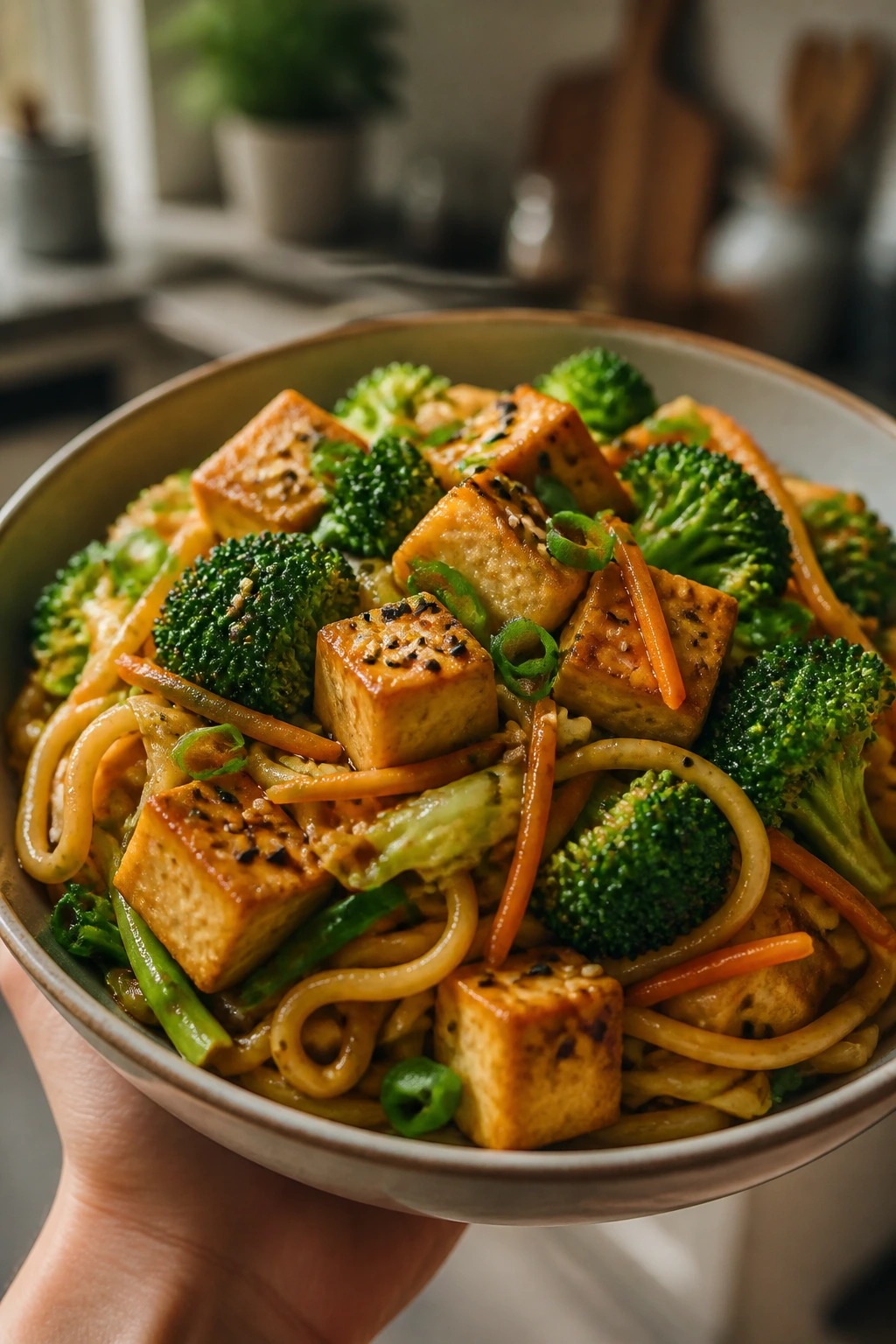 Tofu and broccoli variation chow mein in a bowl