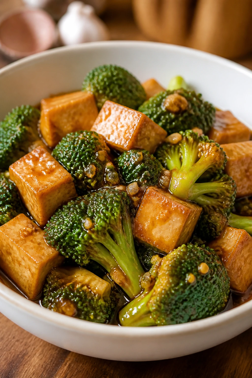 Broccoli and tofu in garlic sauce in a bowl