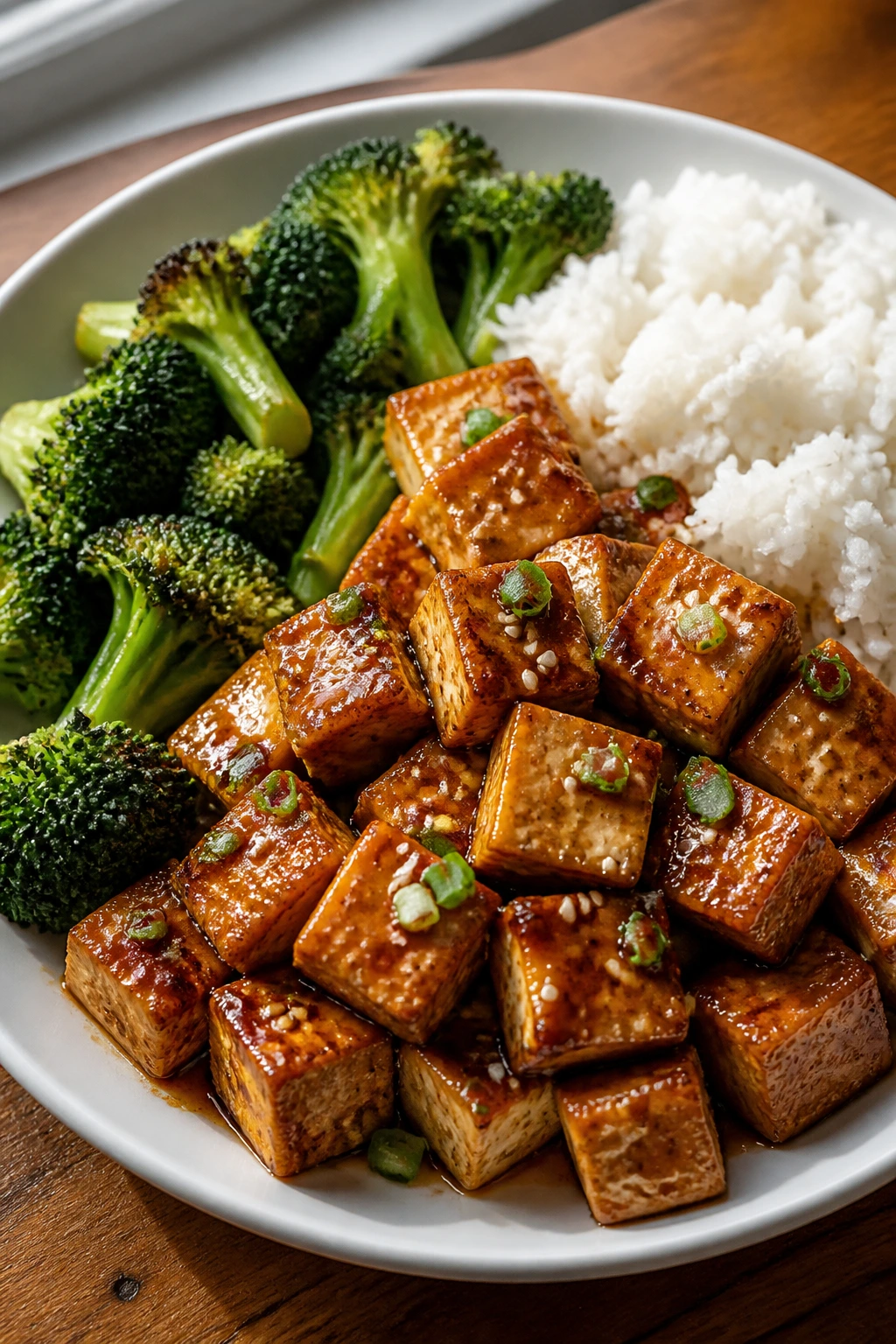 Crispy sesame-ginger tofu with broccoli and rice in a bowl.