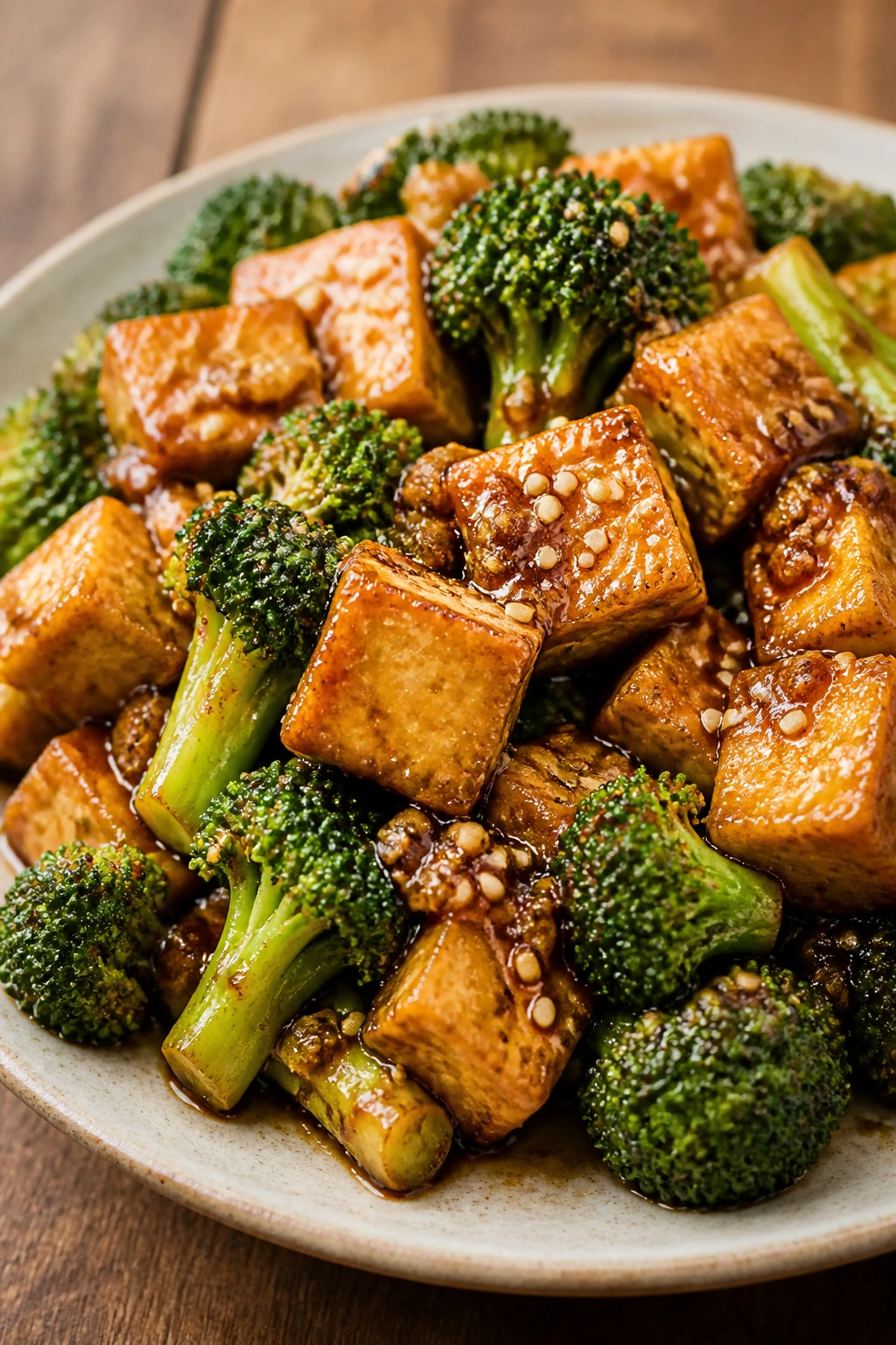 Crispy tofu and broccoli in sesame sauce on a plate