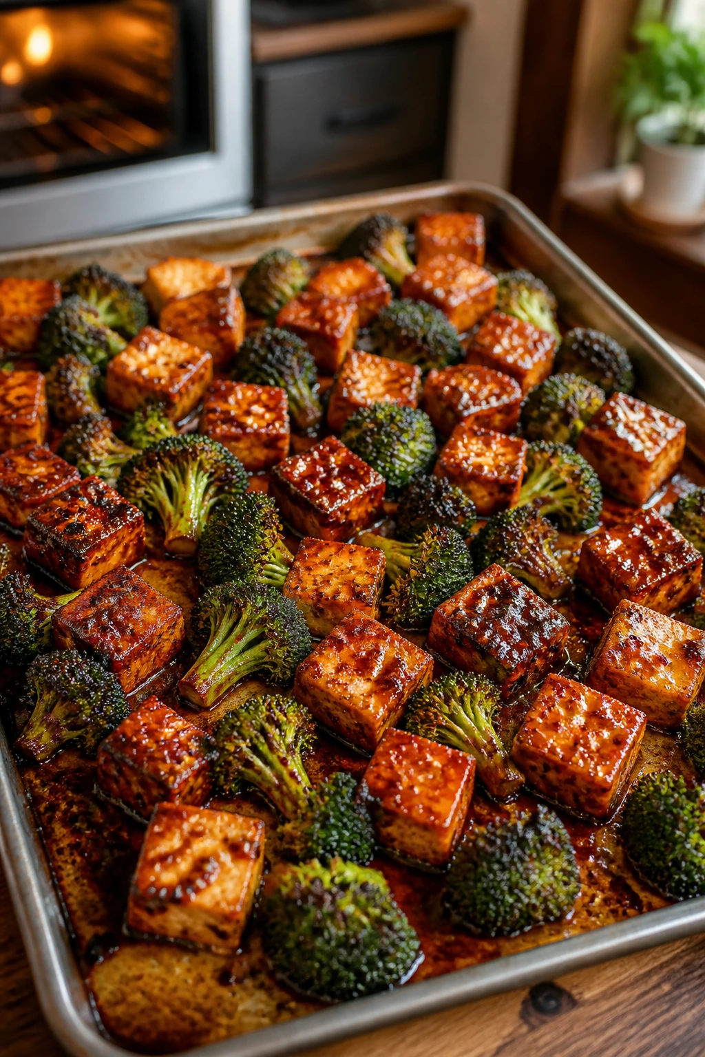 Close-up of glazed broccoli and tofu on sheet pan with gochujang BBQ sauce