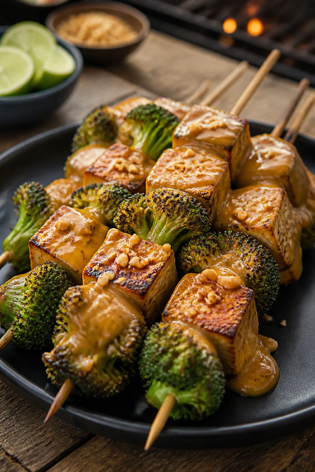 Close-up of peanut satay tofu and broccoli skewers
