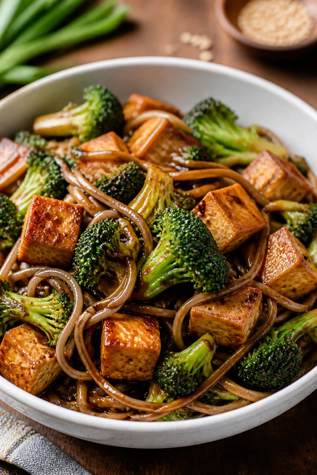 Tofu and broccoli soba stir-fry in a white bowl on a wooden table