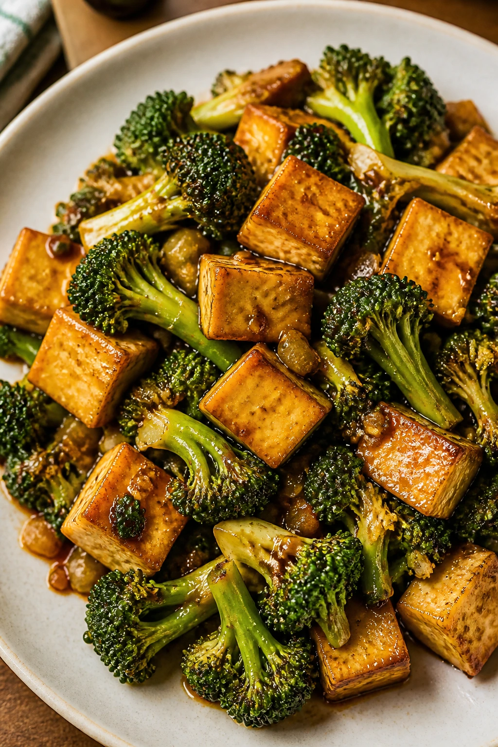 Tofu and broccoli stir-fry on plate