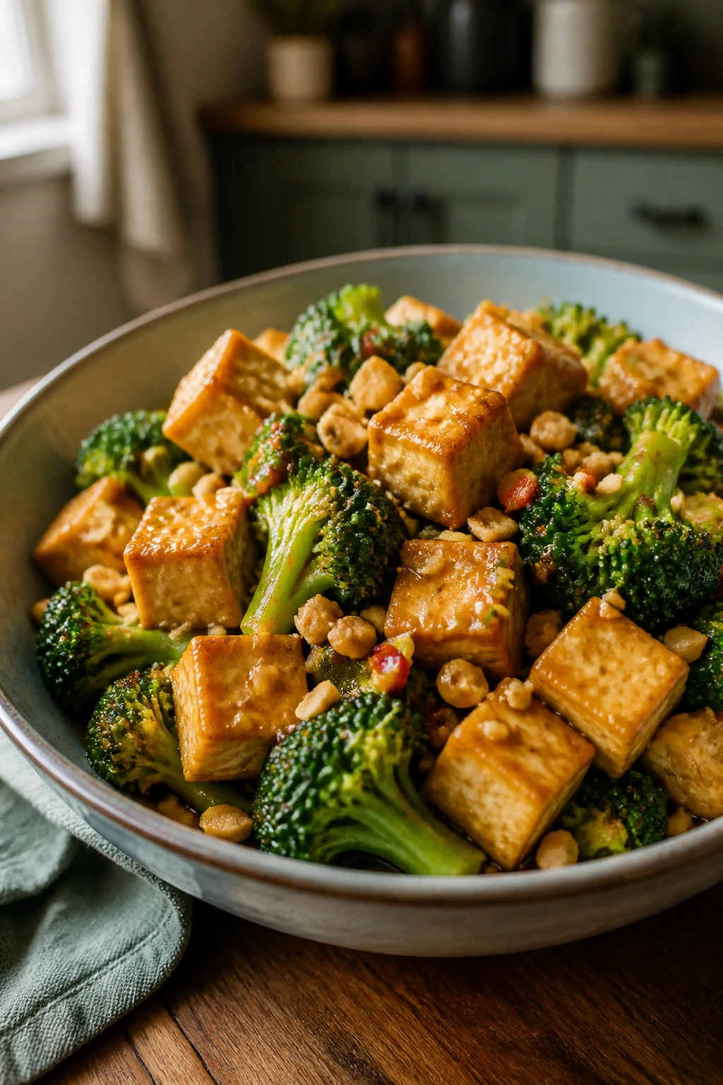 Tofu and broccoli stir-fry with peanut sauce in a bowl