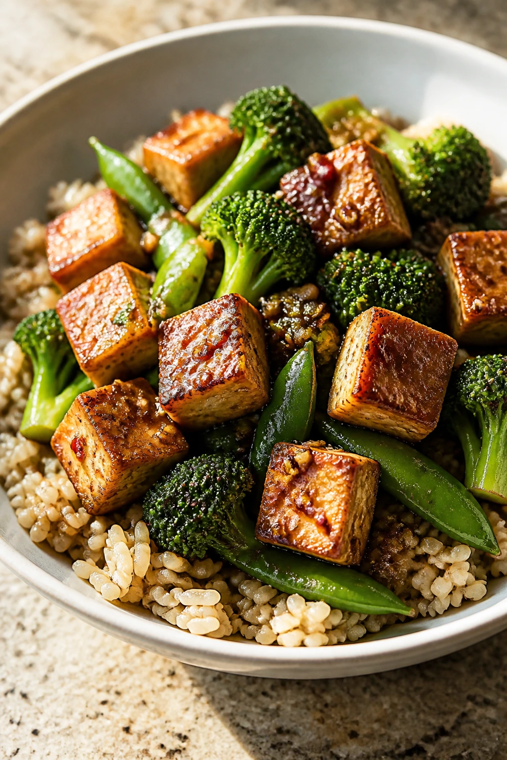 Close-up of tofu broccoli stir-fry with brown rice