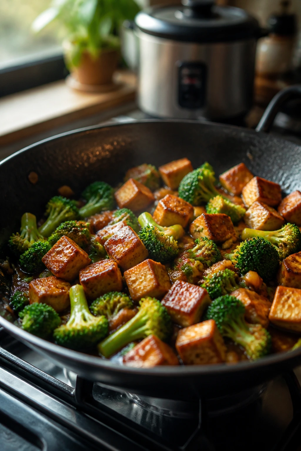 Close-up of tofu broccoli stir-fry in wok