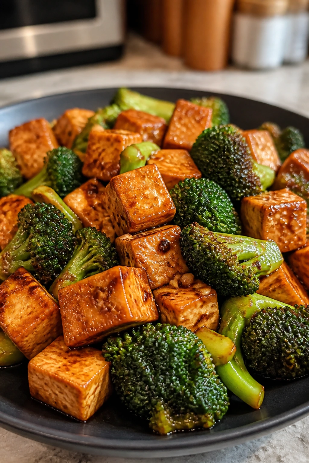 Close-up of browned tofu and broccoli in glossy stir-fry sauce
