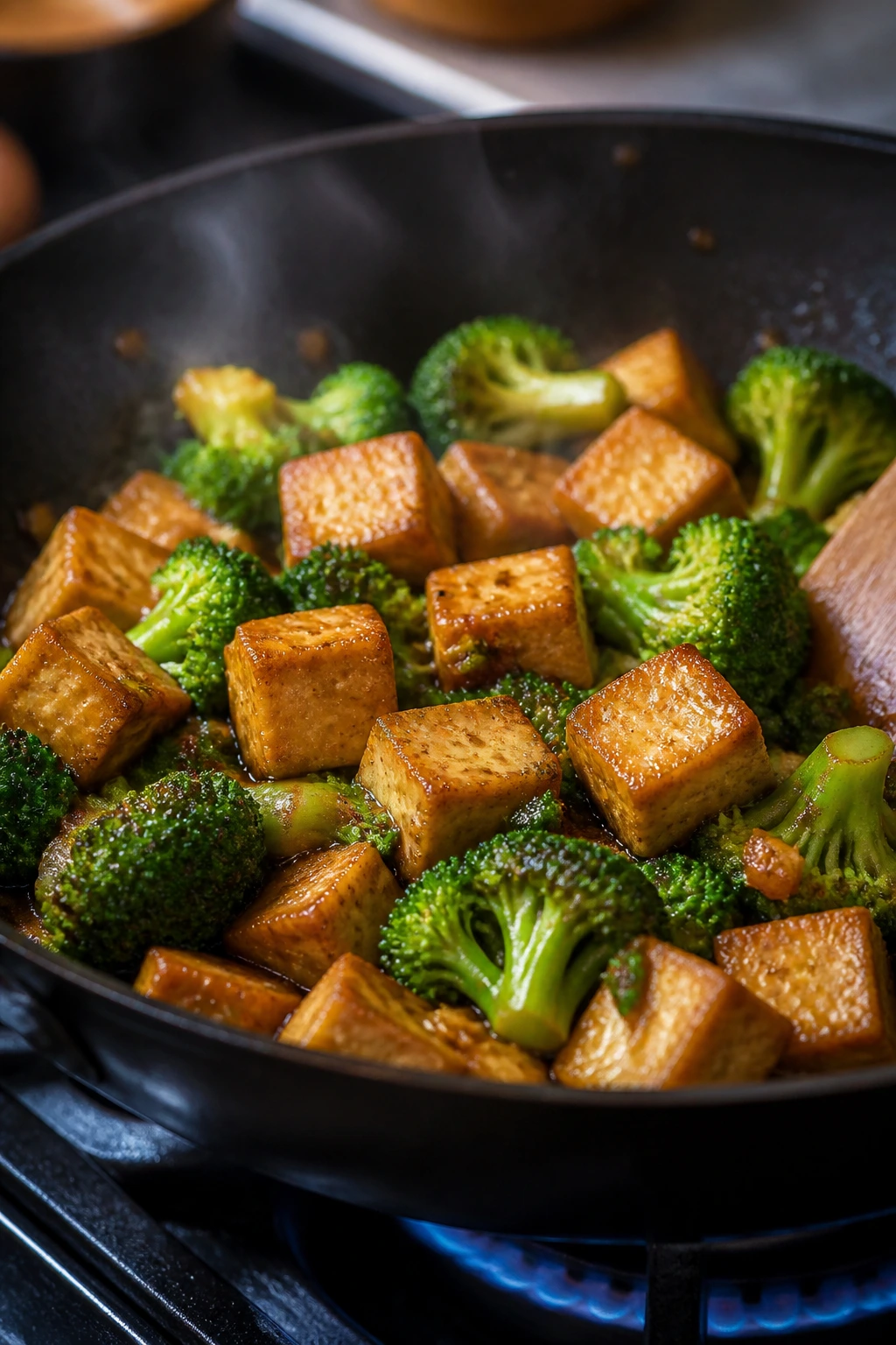 Crispy tofu and broccoli in a glossy stir-fry sauce