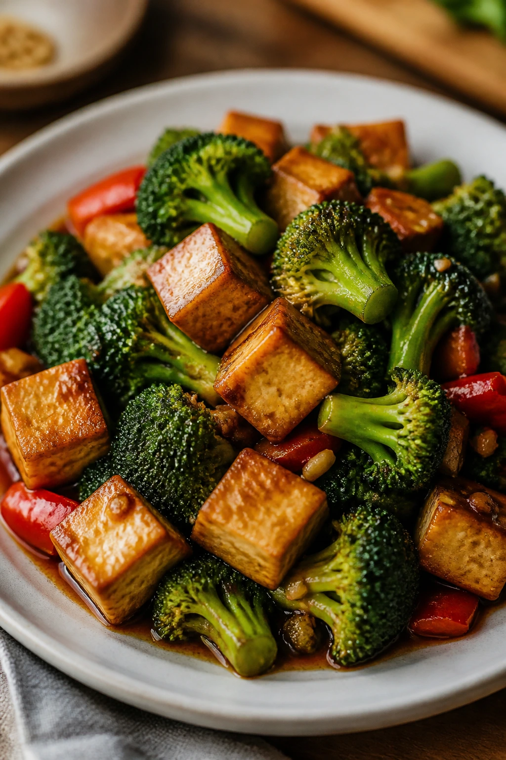 Close-up of tofu and broccoli stir-fry with glossy sauce