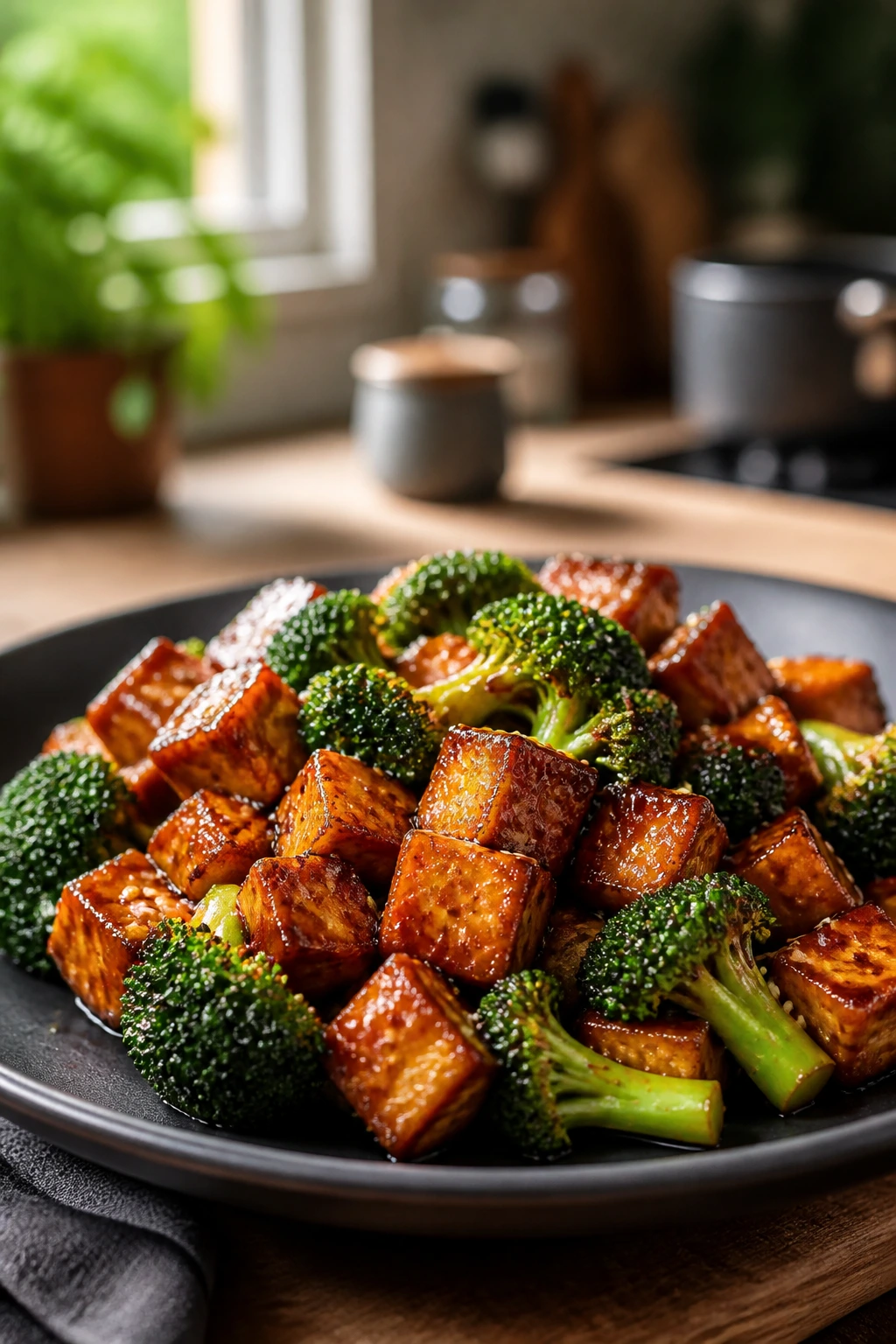 Close-up of teriyaki tofu with broccoli in a glossy sauce