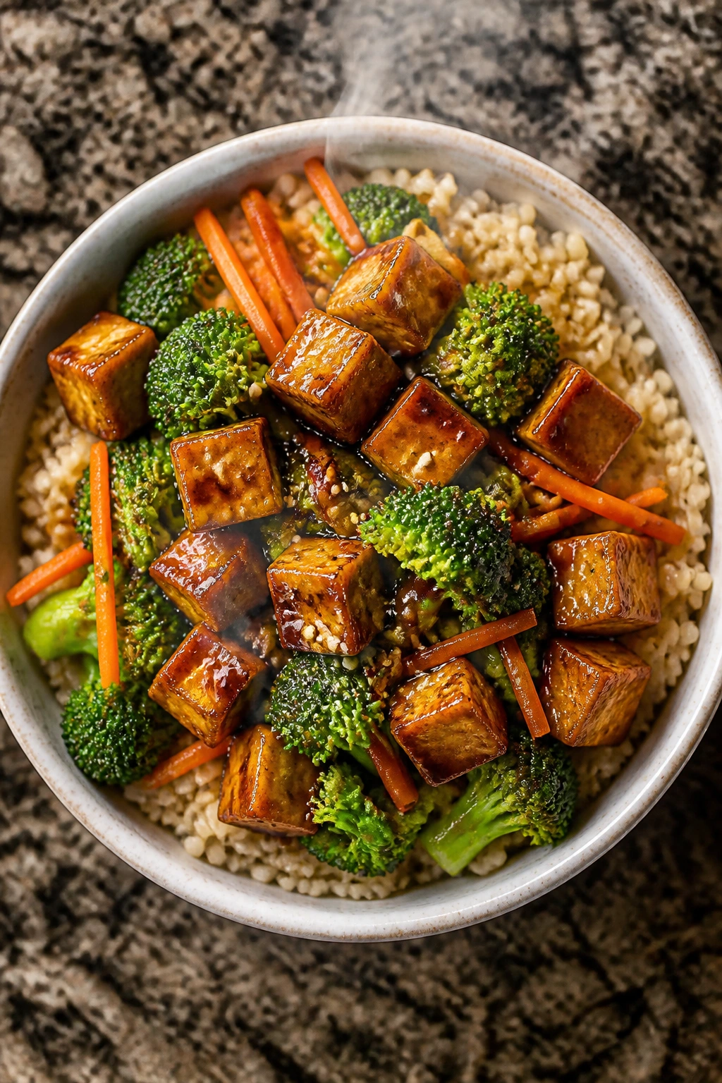 Close-up of teriyaki tofu broccoli bowl with rice and vegetables