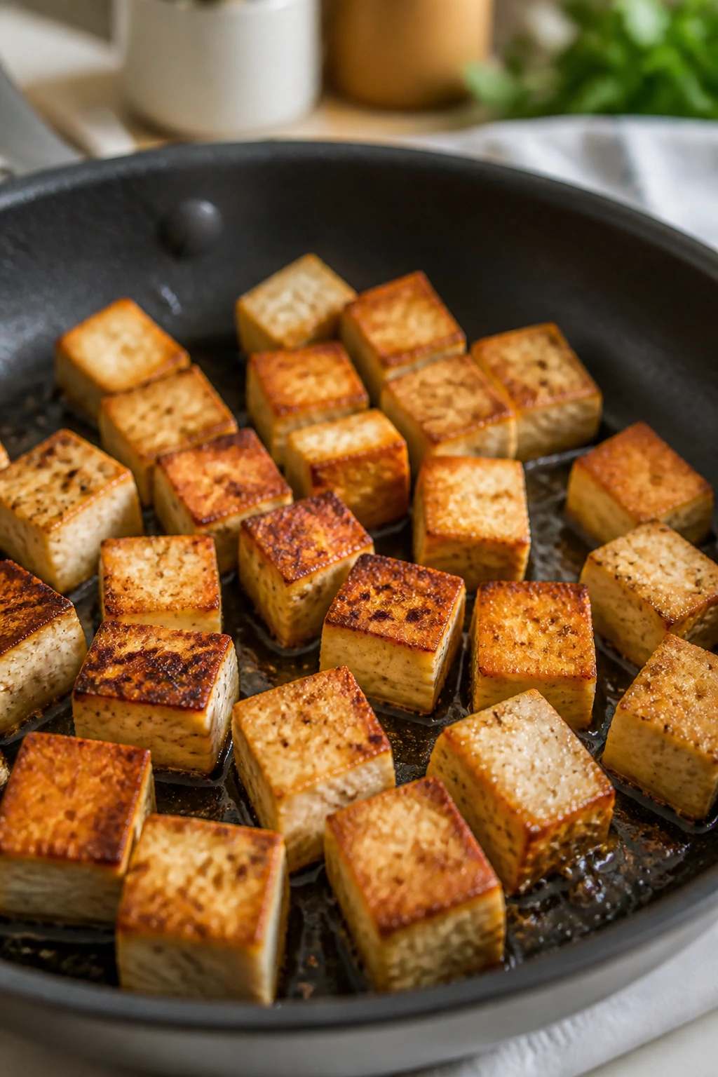 Browned extra-firm tofu cubes on a skillet with crisp edges