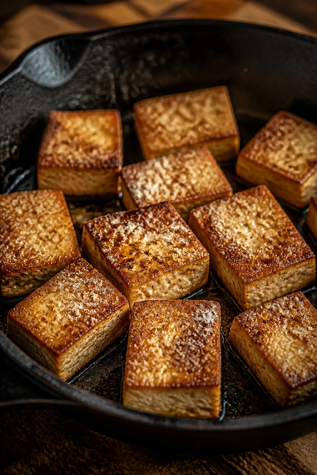 Close-up of extra-firm tofu browning with a dry surface in a cast-iron skillet