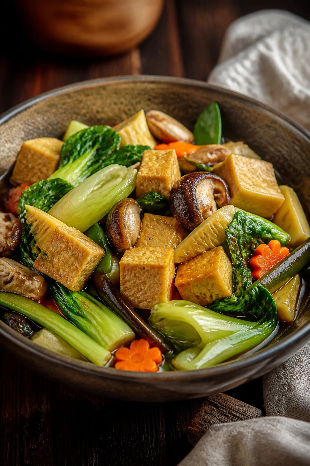 Vibrant Buddha's Delight tofu and vegetables in broth