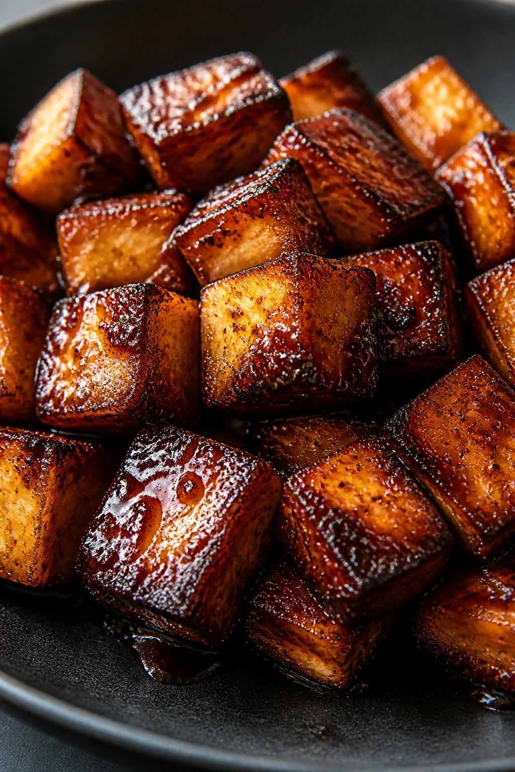 Close-up of maple-soy glazed tofu burnt ends with caramelized edges