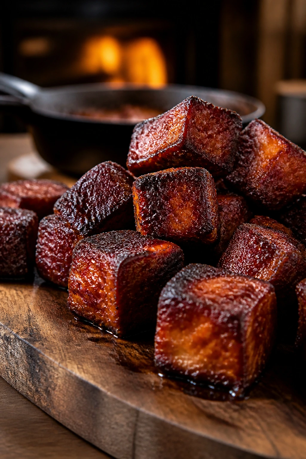 Close-up of lacquered tofu burnt ends with crisp edges on a wooden board