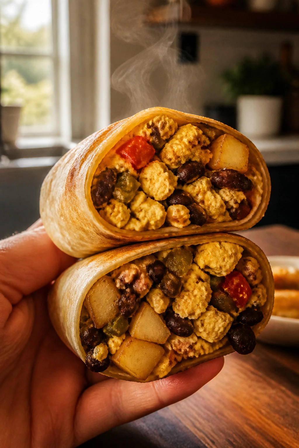 Close-up of a burrito half showing tofu scramble and potatoes