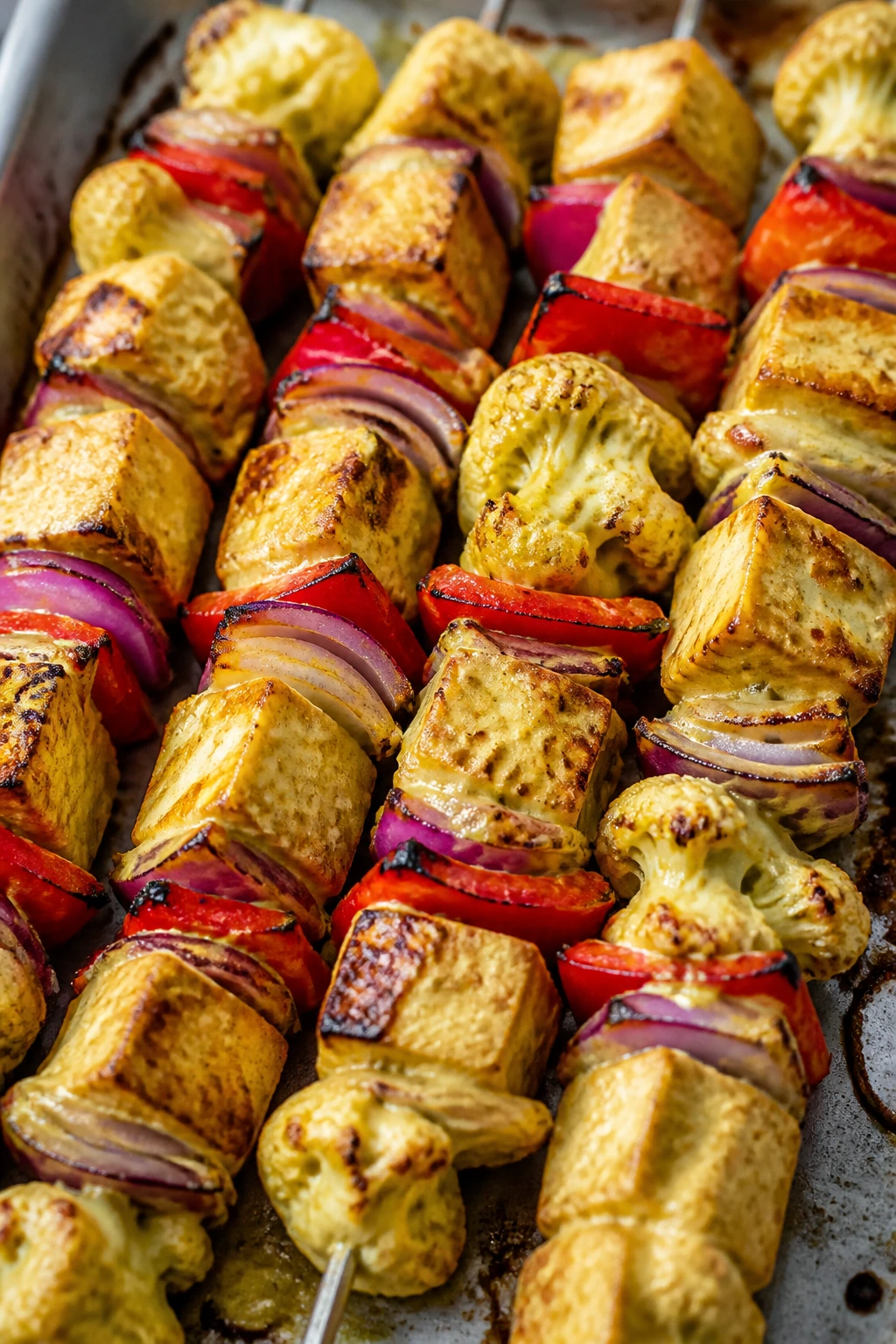 Tofu and vegetables skewered with curry yogurt glaze grilling indoors/outdoors