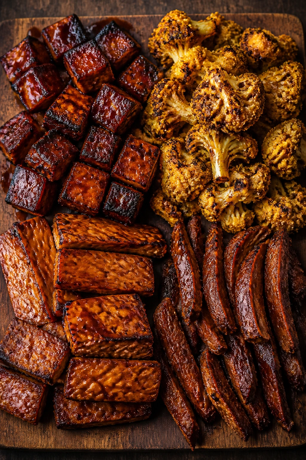 Top-down view of four crispy vegan protein variations on a board