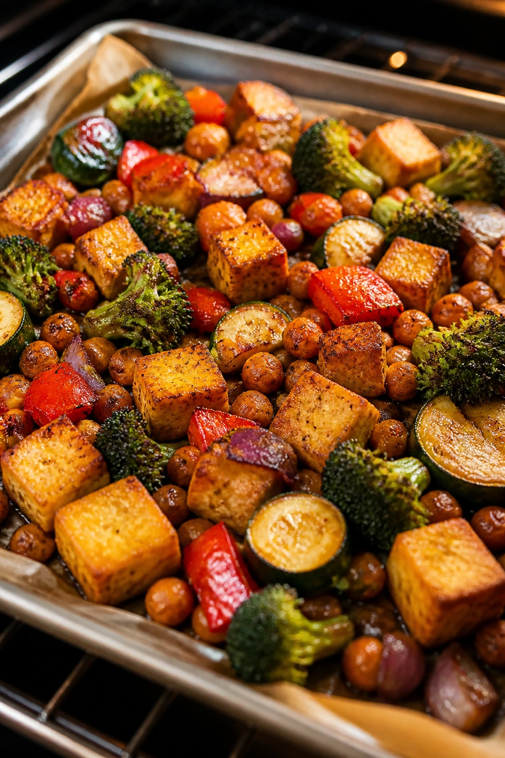 Sheet pan roasted tofu and vegetables with browning edges.