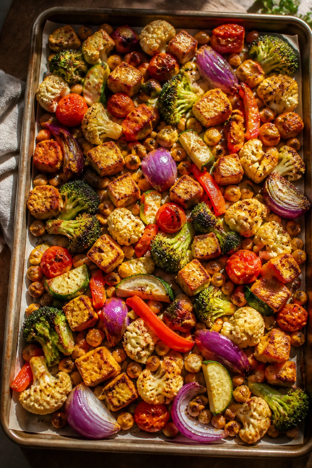 Roasted veggie medley on a sheet pan with tofu, chickpeas, broccoli, cauliflower, peppers, and tomatoes.