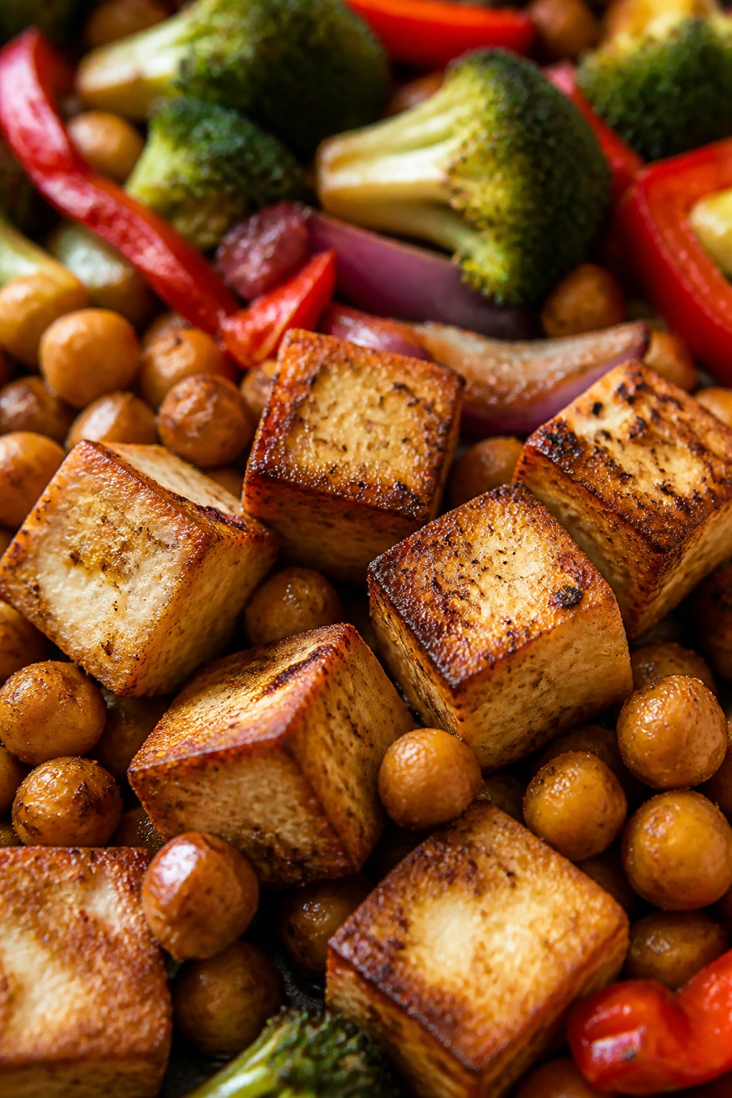 Close-up of crispy tofu and chickpeas on a roasted veggie pan.
