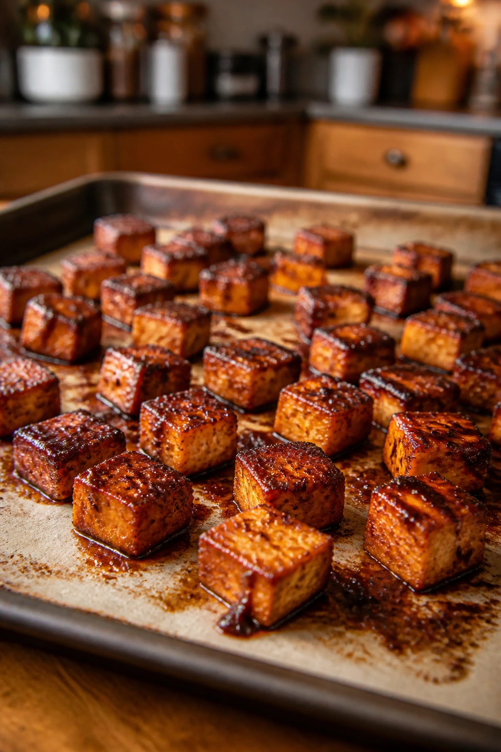 Cluster of glossy roasted BBQ tofu cubes on parchment in a warm kitchen
