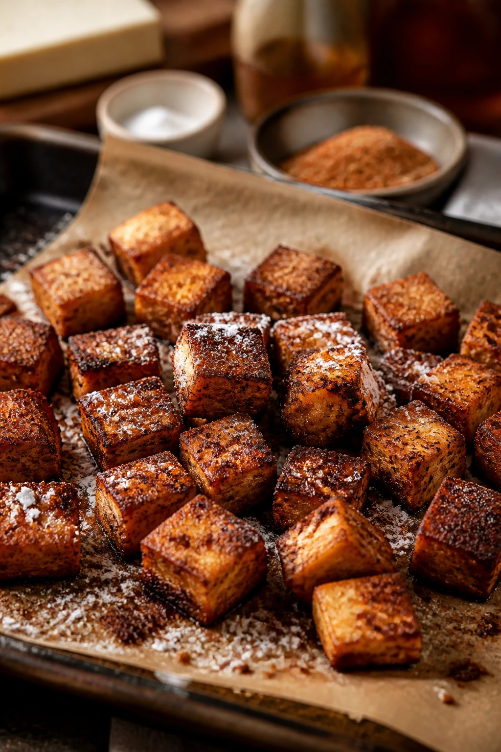 Close-up of spiced roasted tofu cubes on parchment in warm kitchen