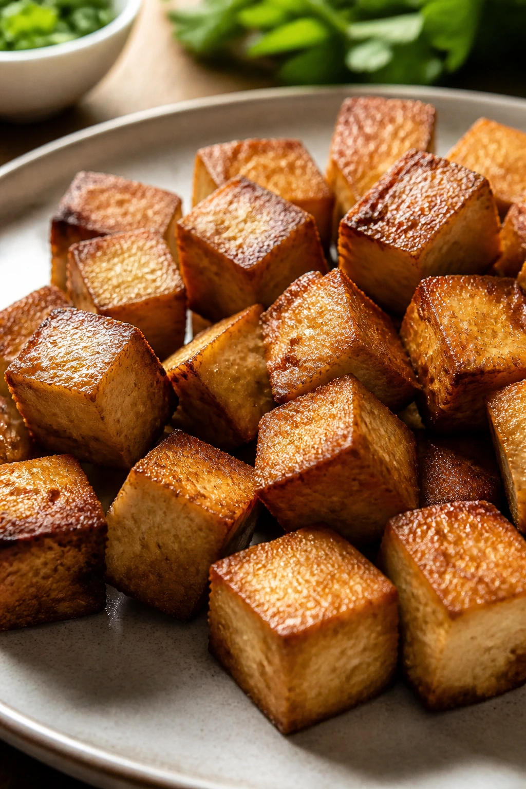 Tofu cubes with a dry, brown crust showing crisp exterior on a plate