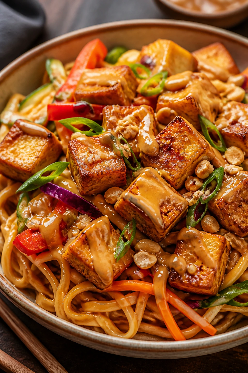 Crispy tofu with peanut noodles in a bowl on a kitchen table