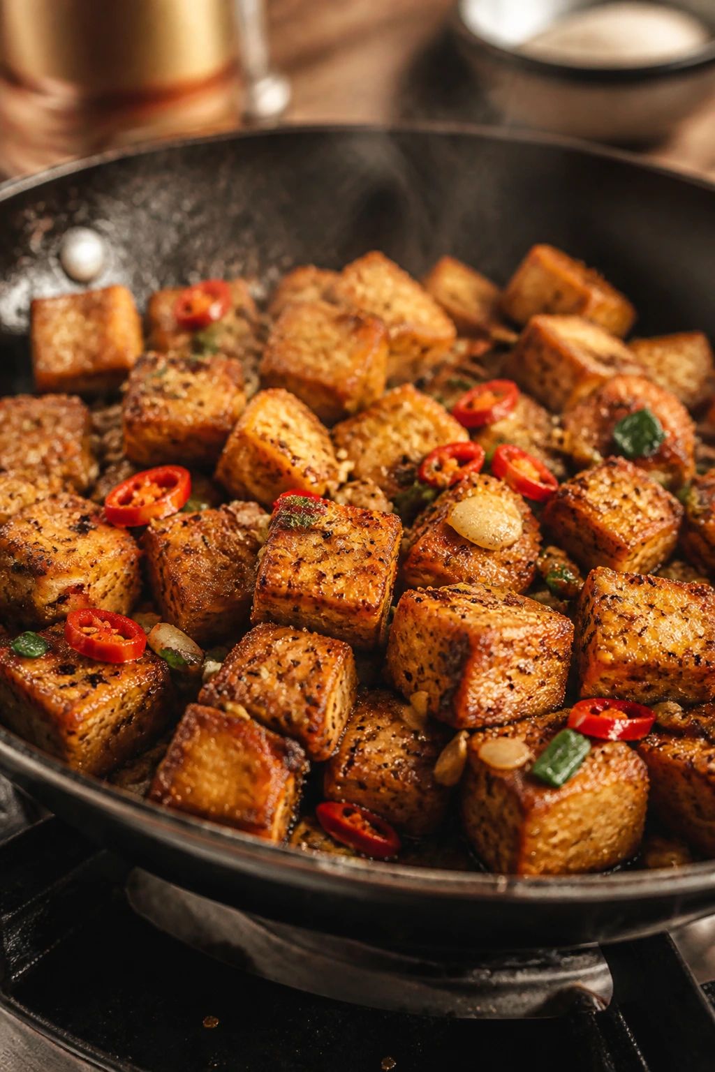 Crispy salt and pepper tofu cubes on a stove