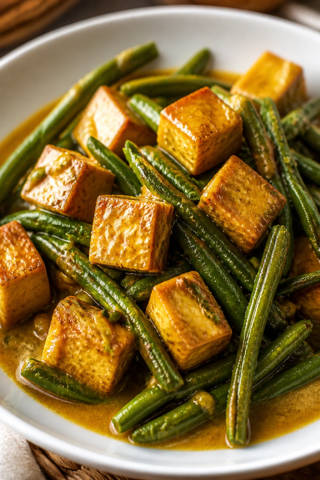 Tofu and green beans in coconut curry sauce on a plate.