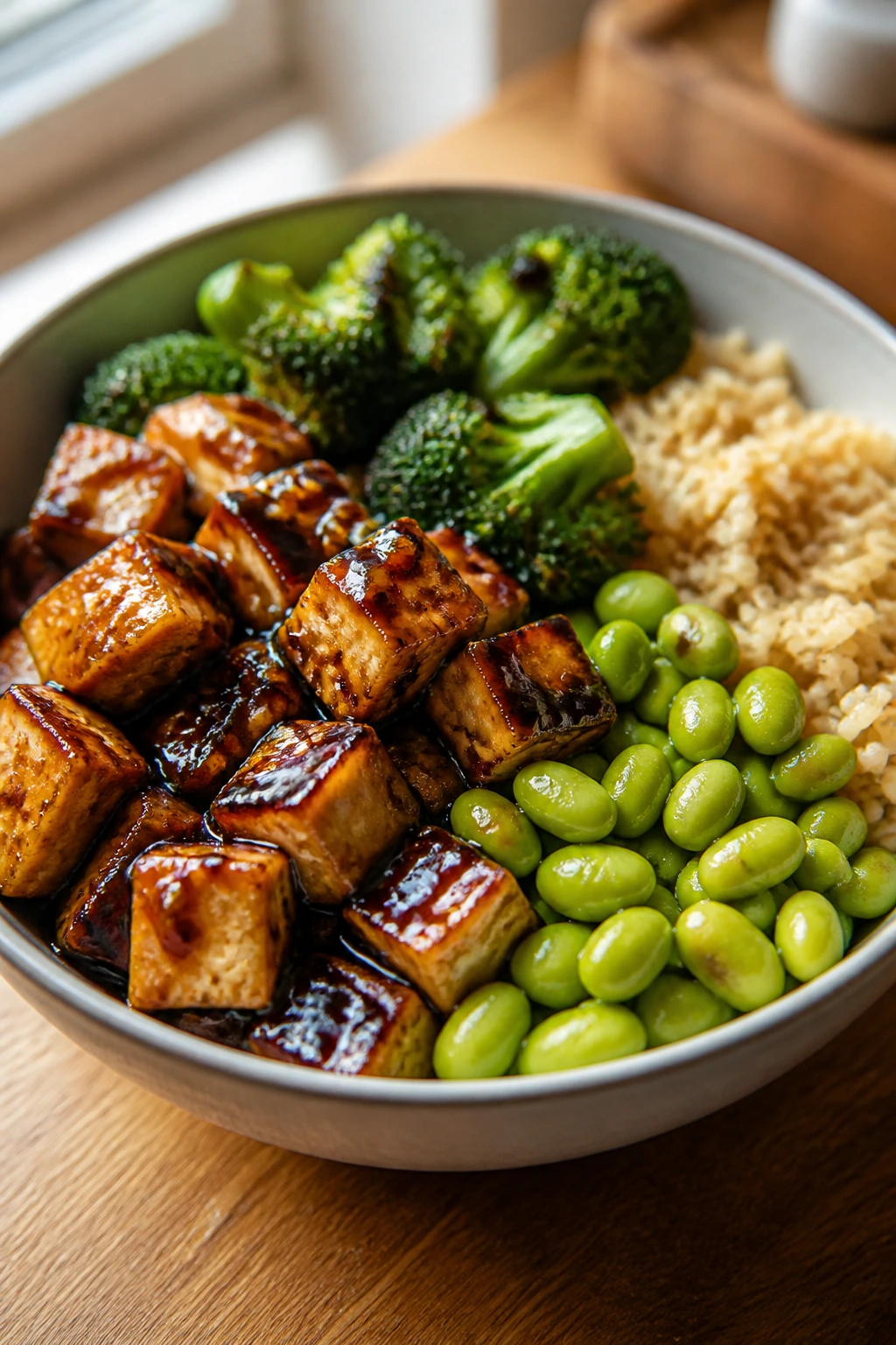 Close-up of Teriyaki Tofu Edamame Bowls with crisp tofu, edamame, broccoli on brown rice