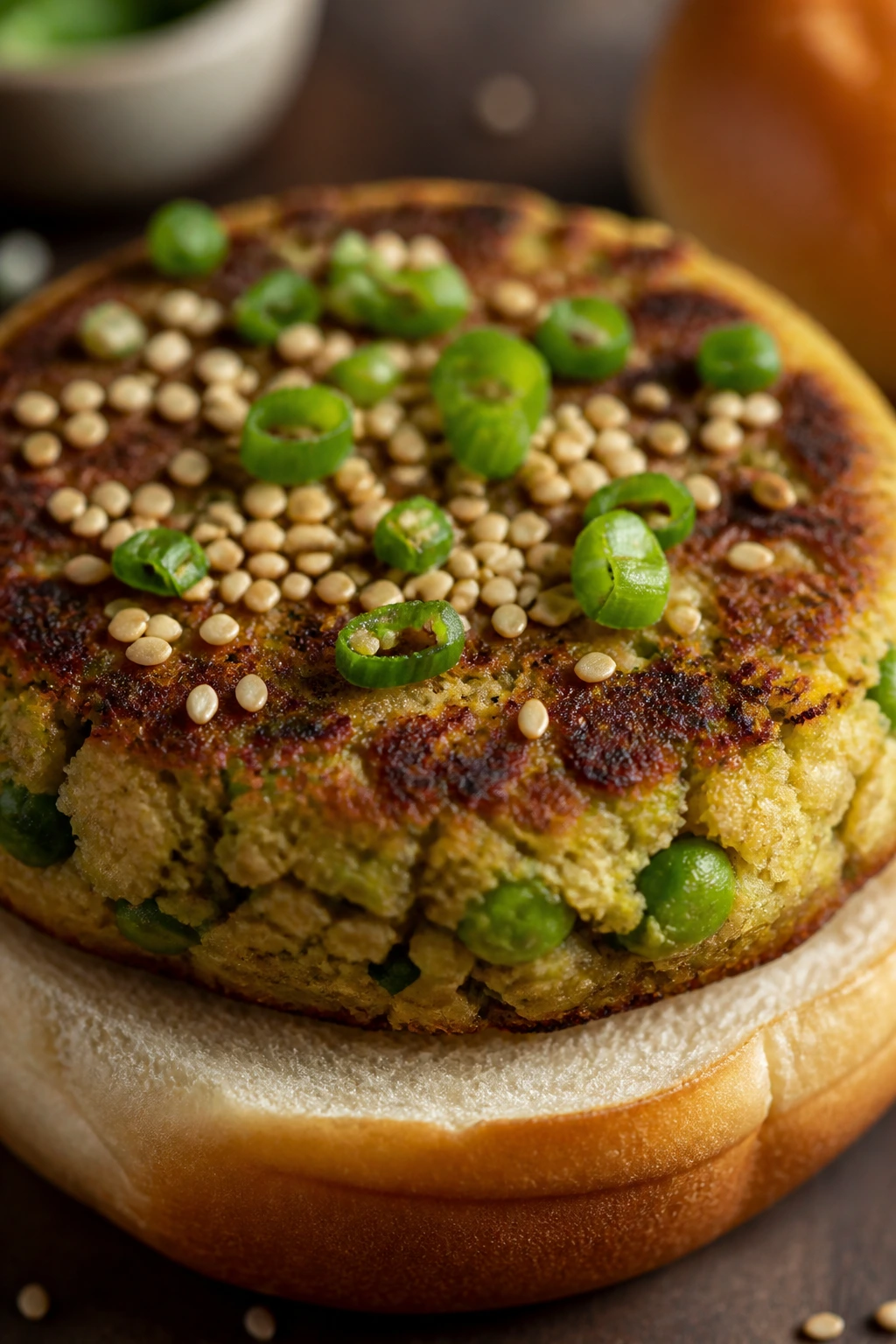 Close-up of Tofu-Edamame Burger patty with sesame seeds on bun