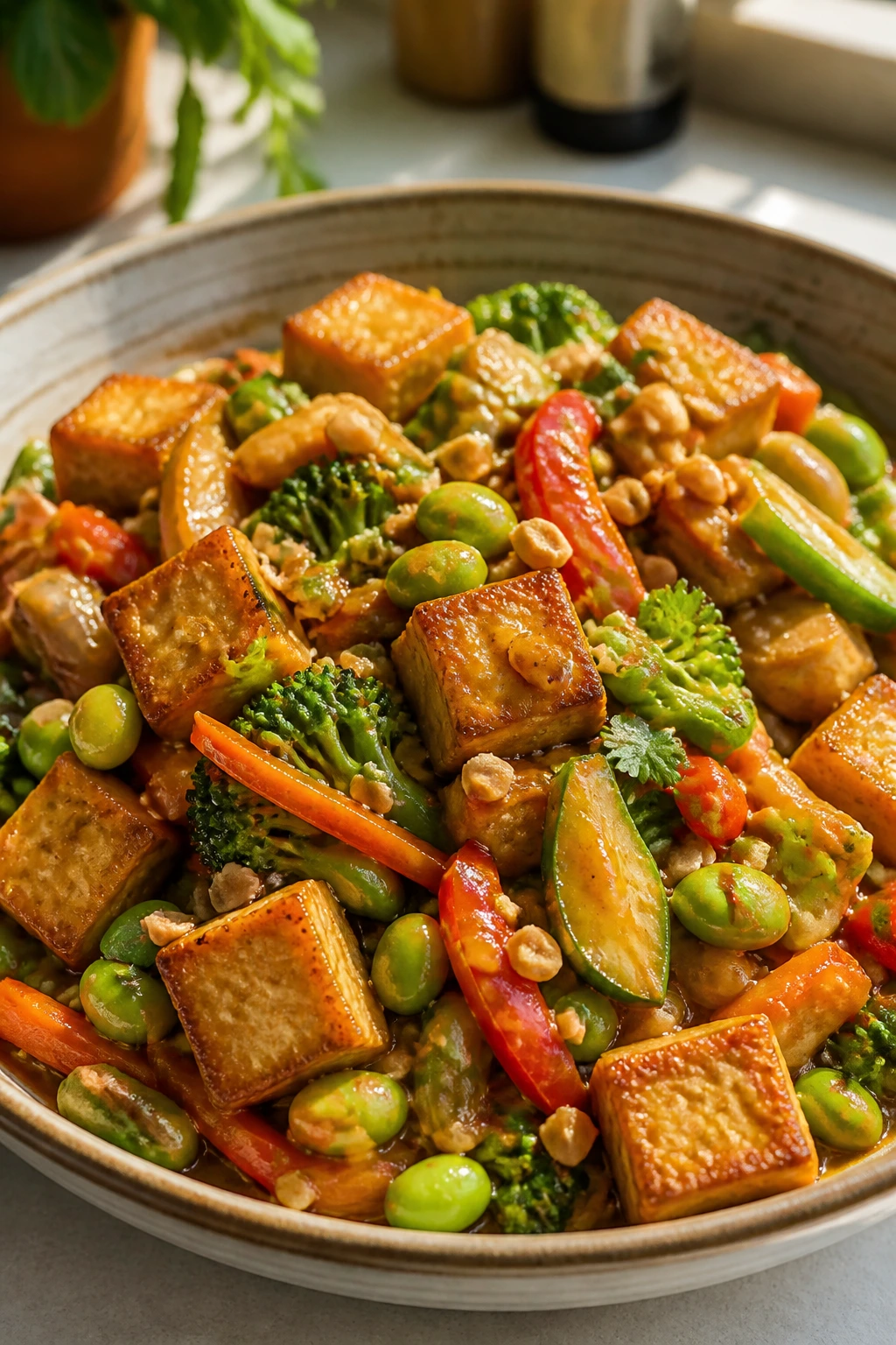Crispy tofu with edamame and vegetables in peanut sauce