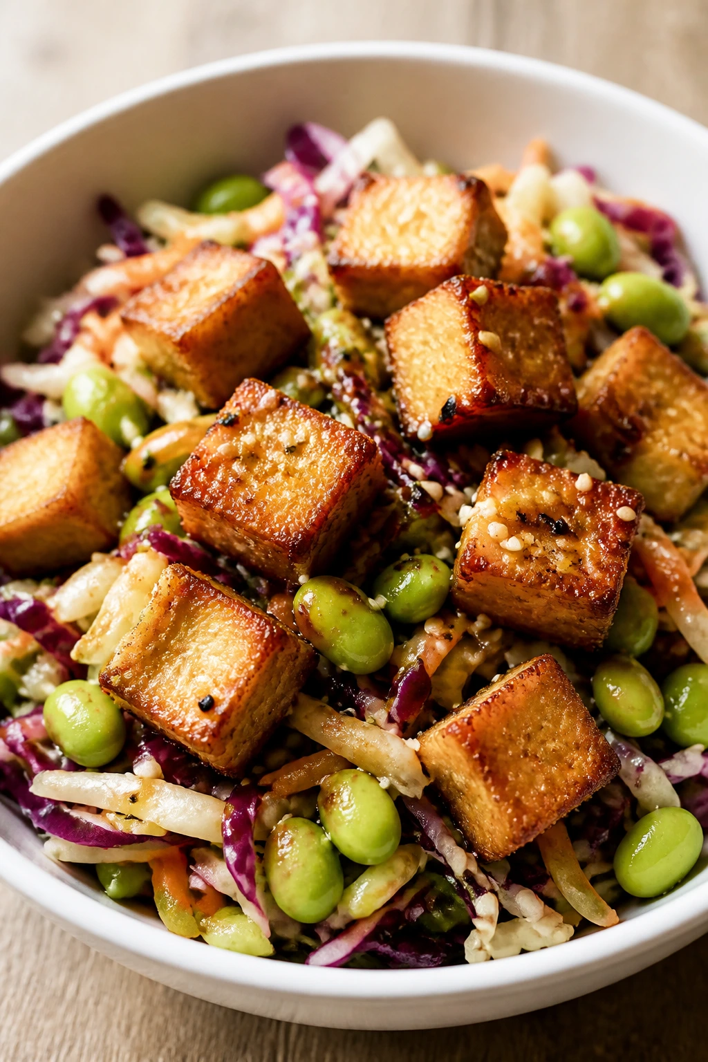 Close-up of crispy tofu edamame salad in a white bowl