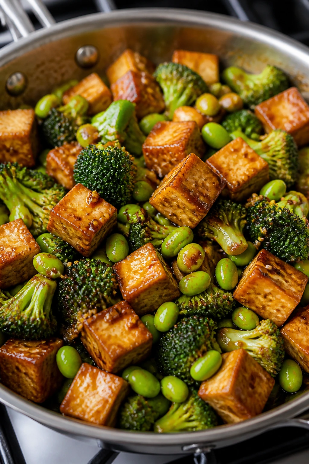 Close-up of crispy tofu with edamame and broccoli in sesame garlic sauce