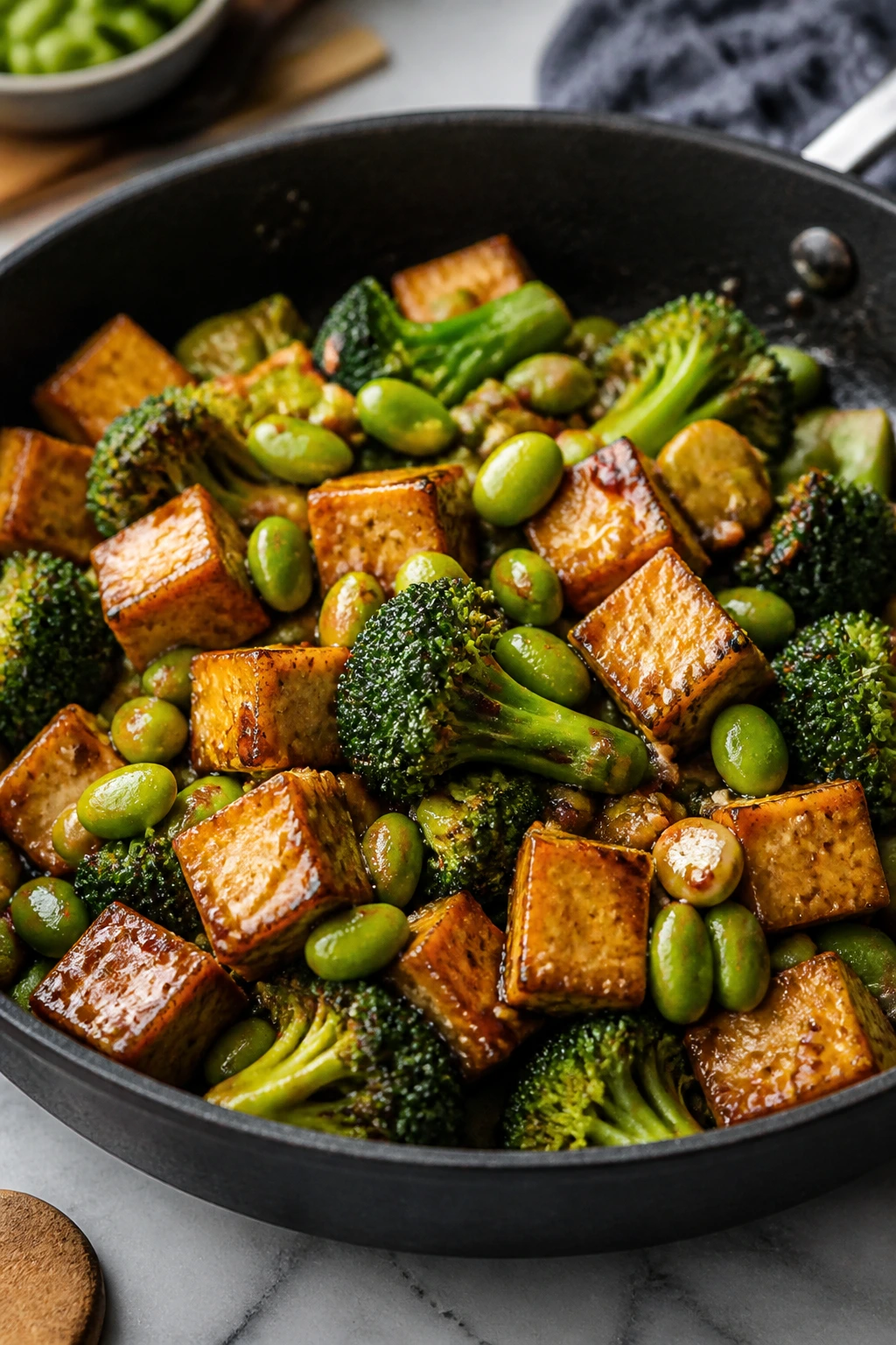 Tofu edamame stir-fry in a skillet with broccoli