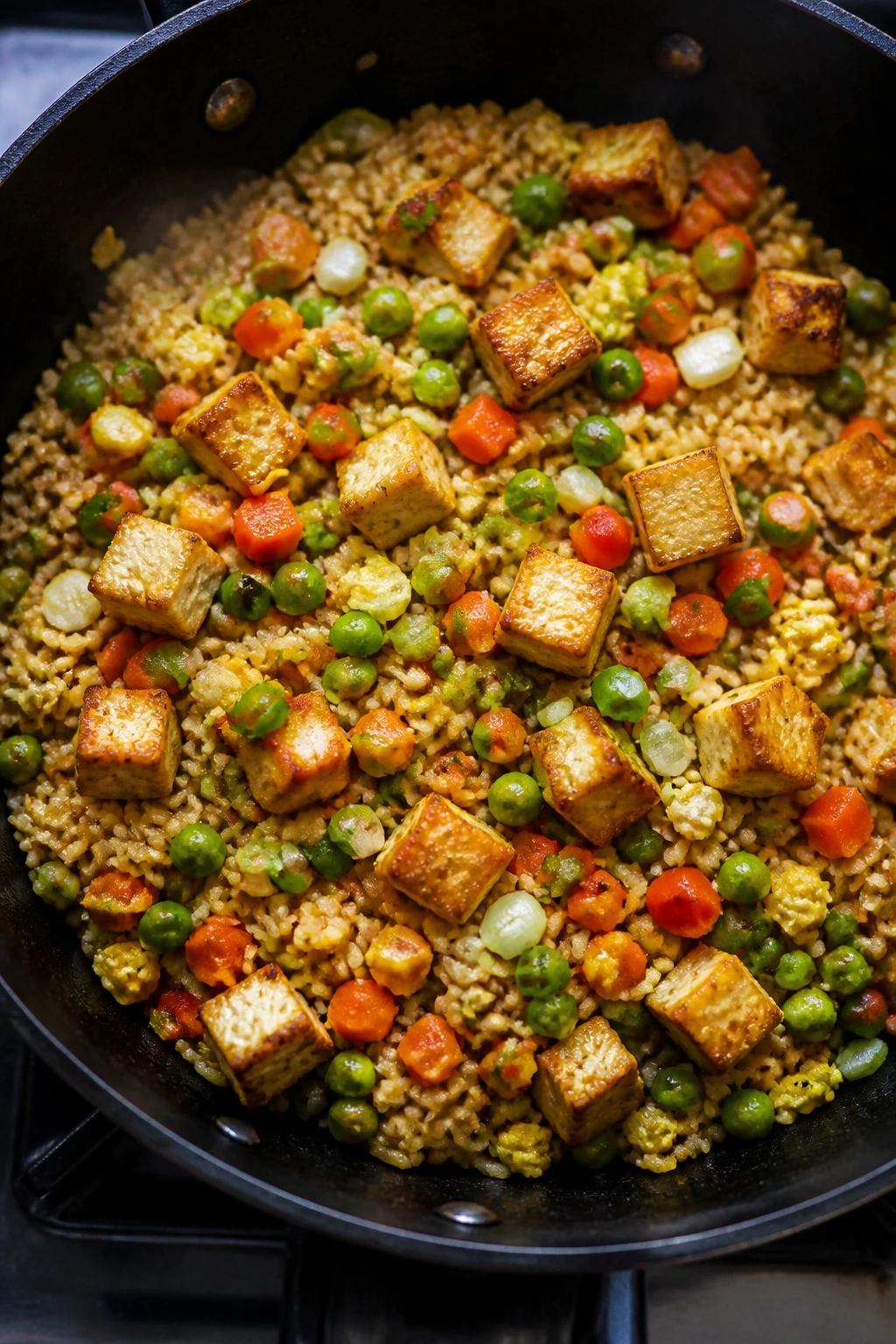 Tofu veggie fried rice with crispy tofu and colorful vegetables