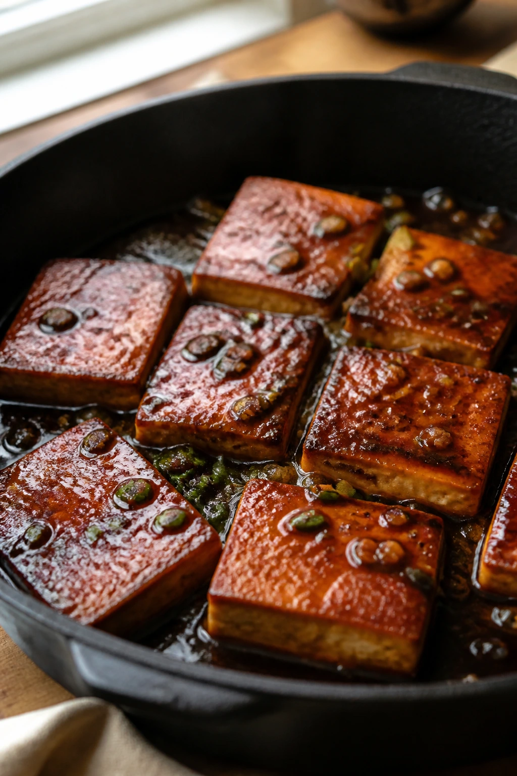 Close-up of golden tofu in glossy soy glaze on a warm kitchen counter