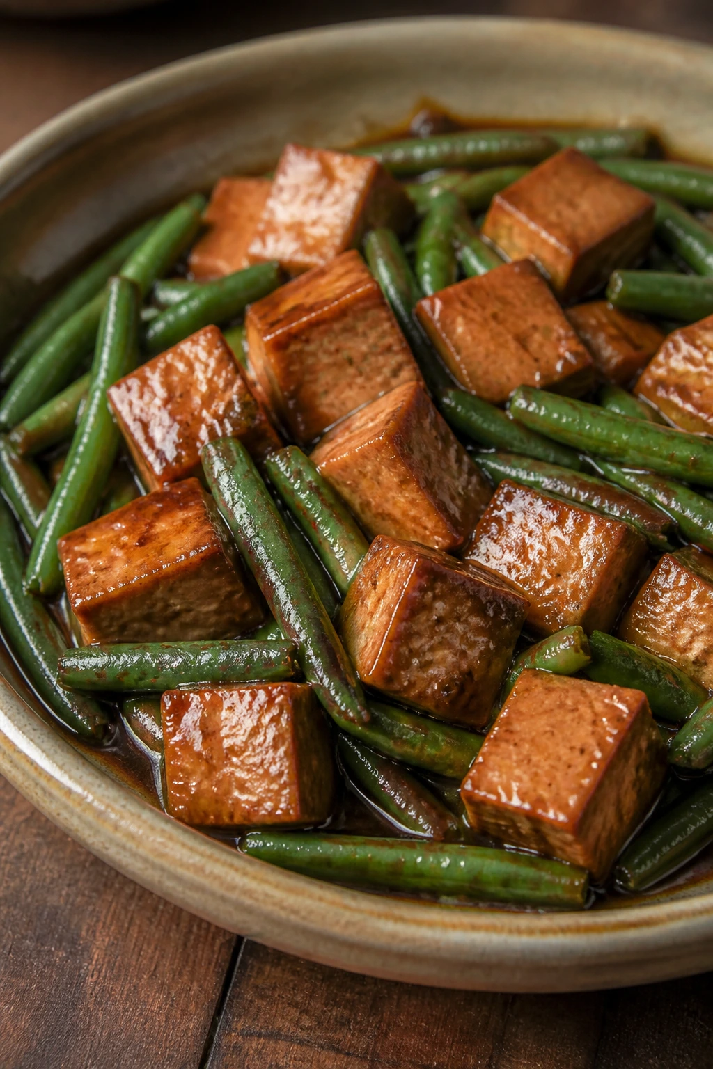 Tofu and green beans braised in soy sauce in a bowl