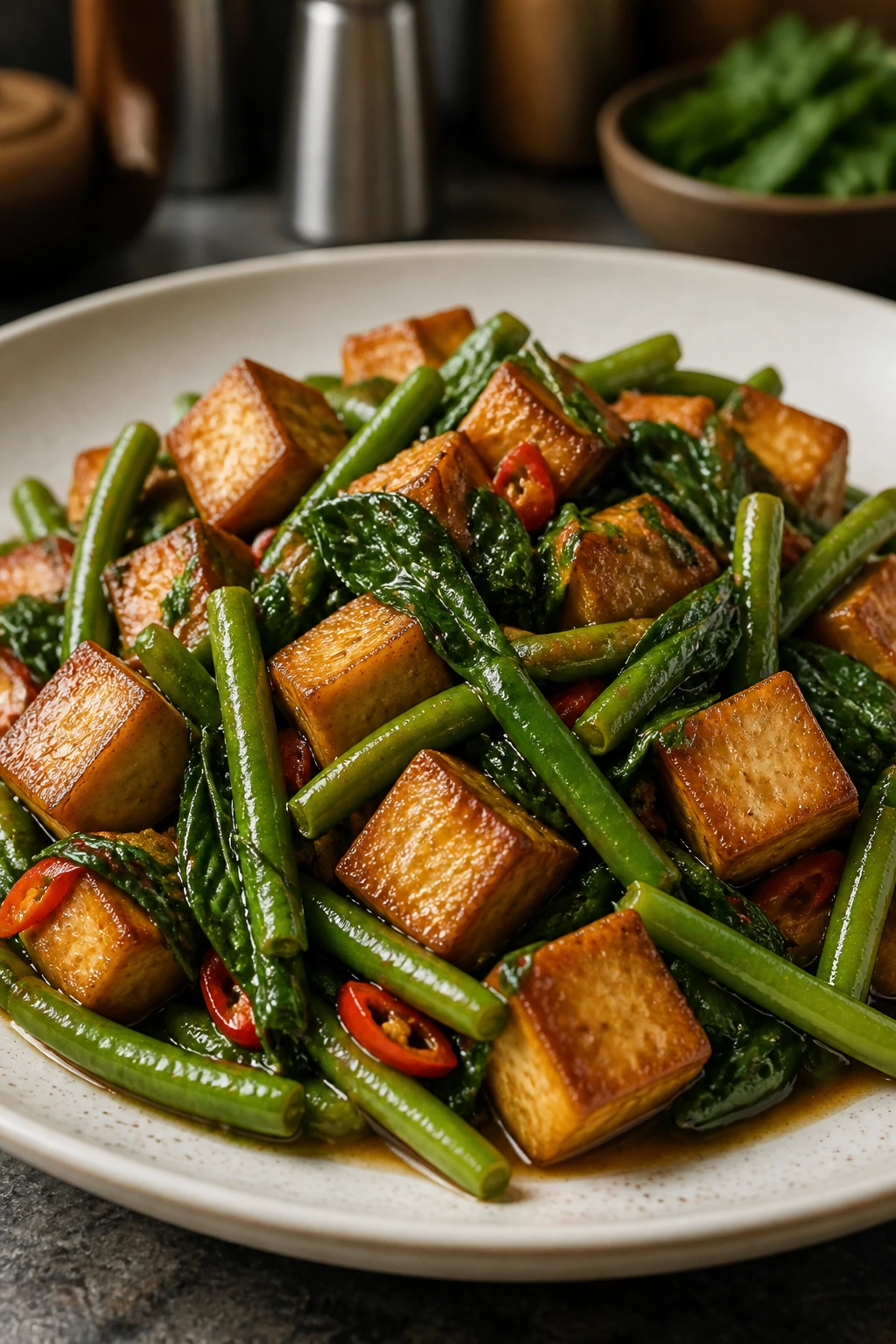 Tofu stir-fry with green beans and basil on a plate