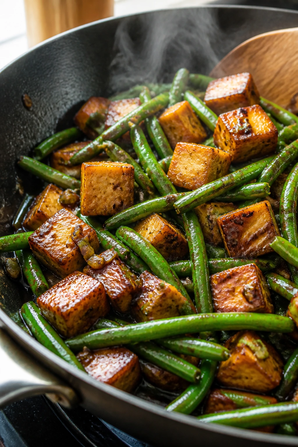 Crispy tofu and green beans in glossy sauce