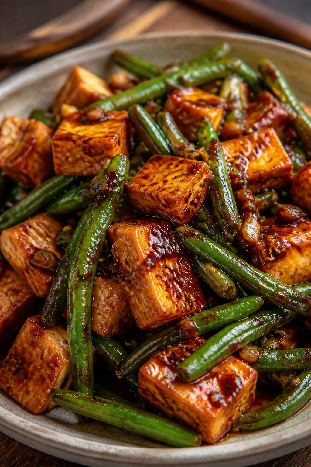 Close-up of Szechuan tofu and green beans on plate