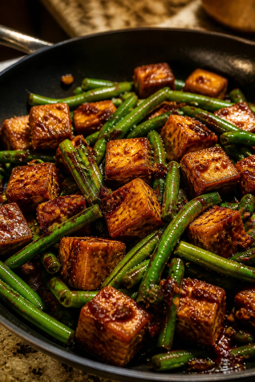 Close-up of Szechuan-style tofu and green beans in a skillet