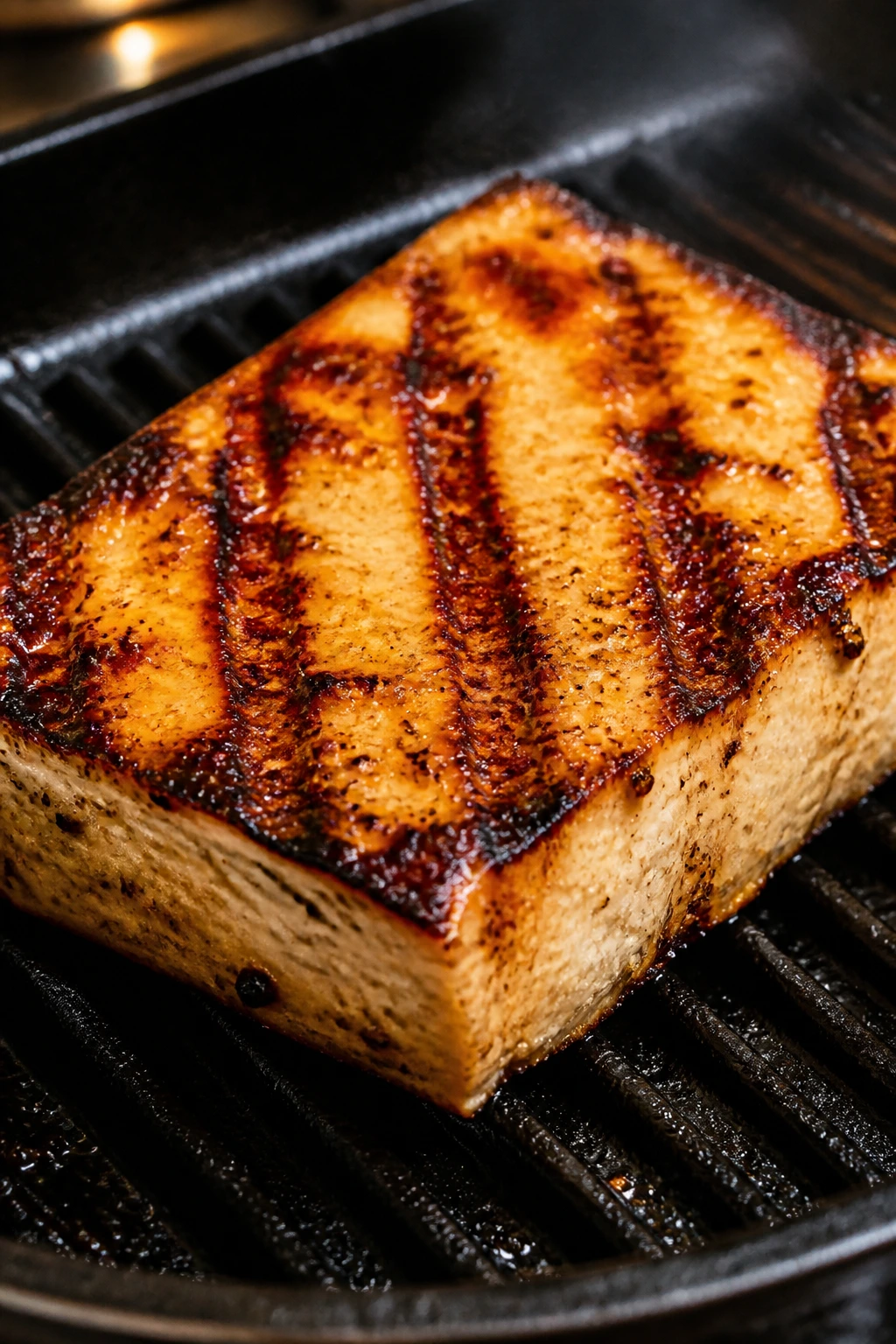 Crusty tofu on a hot grill pan.
